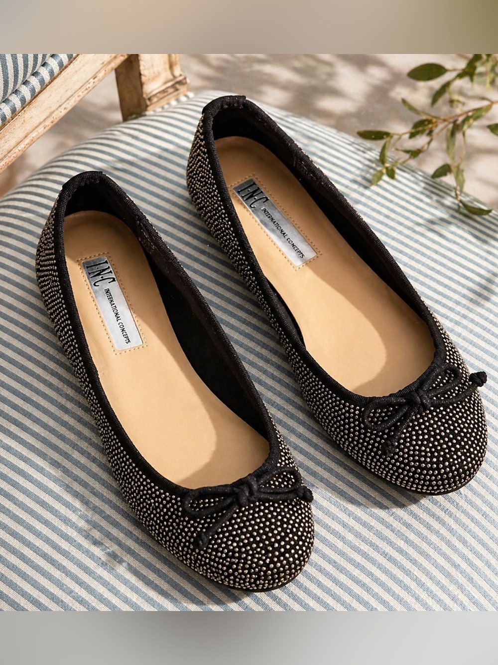 INC International Concepts Rhinestone Ballet Flats Black Bow Size 6.5M